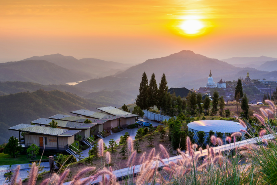 Sunset over a mountain resort in spring.